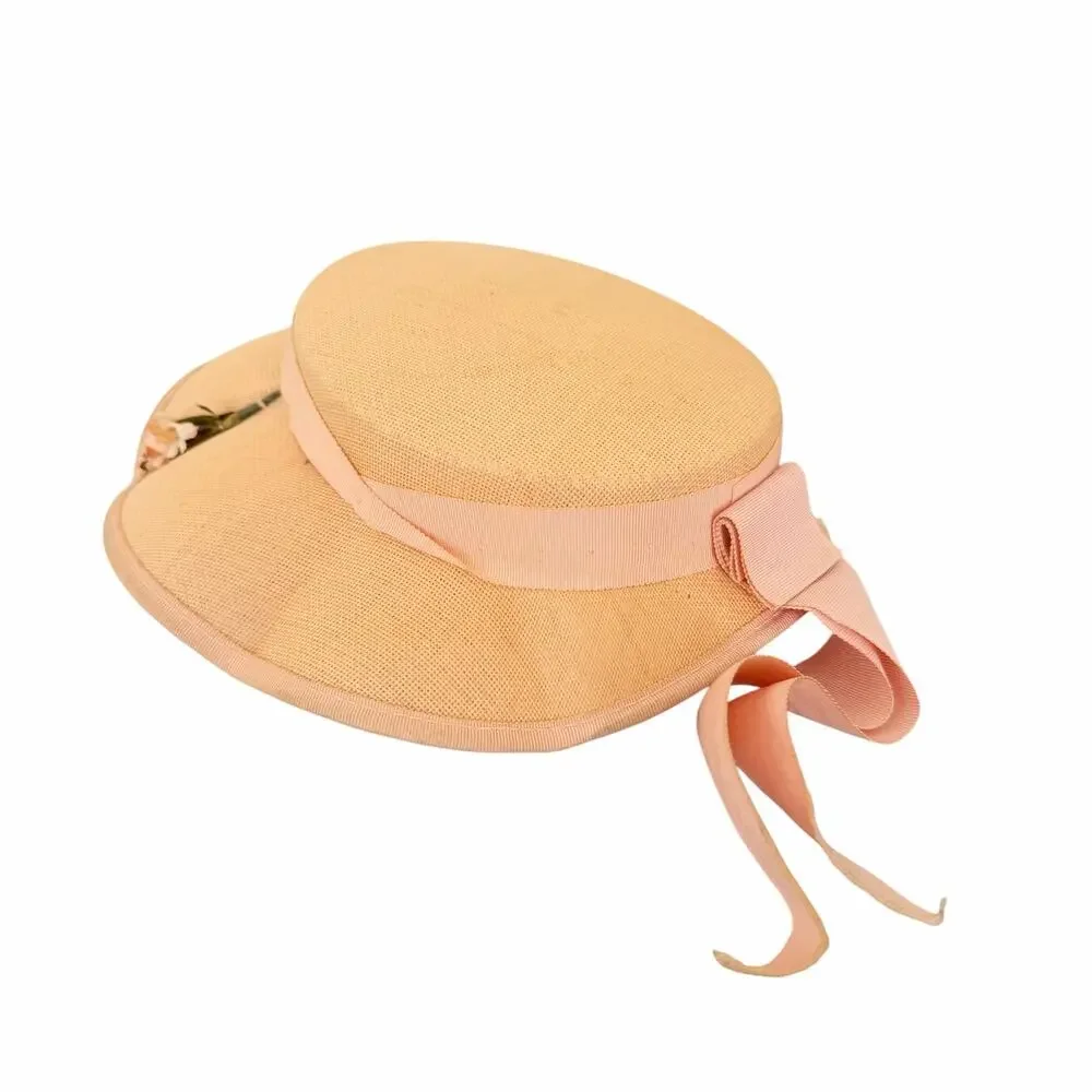 Vintage Straw Boater Sun Hat Wide Brim Ribbon Cottagecore